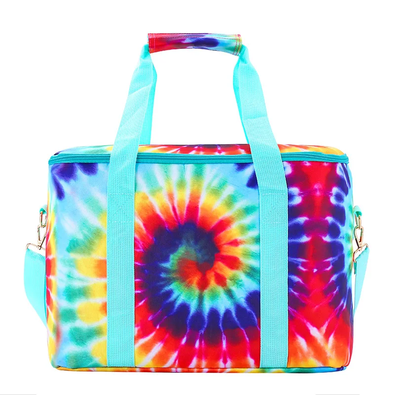 

Custom Tie dye ribbon sunflower Thermal ECO Friendly Insulated Portable Picnic Lunch Food Bag Cooler Bag