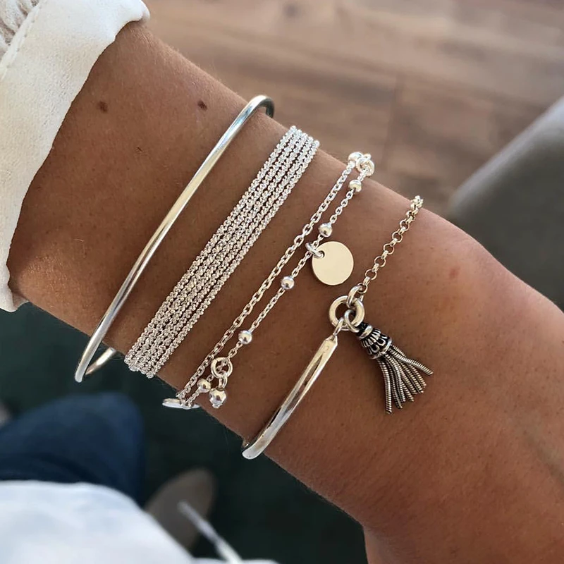 

BR-0258 Personalized Glossy Chain Bracelet Charm Women Men Jewelry Tassel Multi Layer Silver Bracelet, Gold