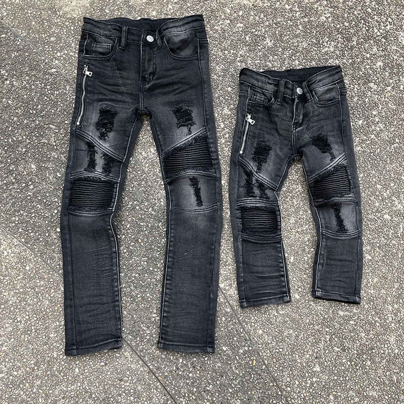 

2021 wholesale price new kids baby clothes pocket denim pants trendy black biker jeans trousers 2-14y, Customers' requested