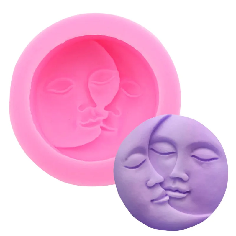 

food grade soap chocolate baking tool half moon and sun face mould silicone moon cake mold press, Pink