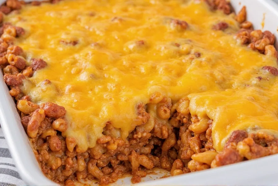 Chili macaroni casserole with melted cheese topping served in baking dish