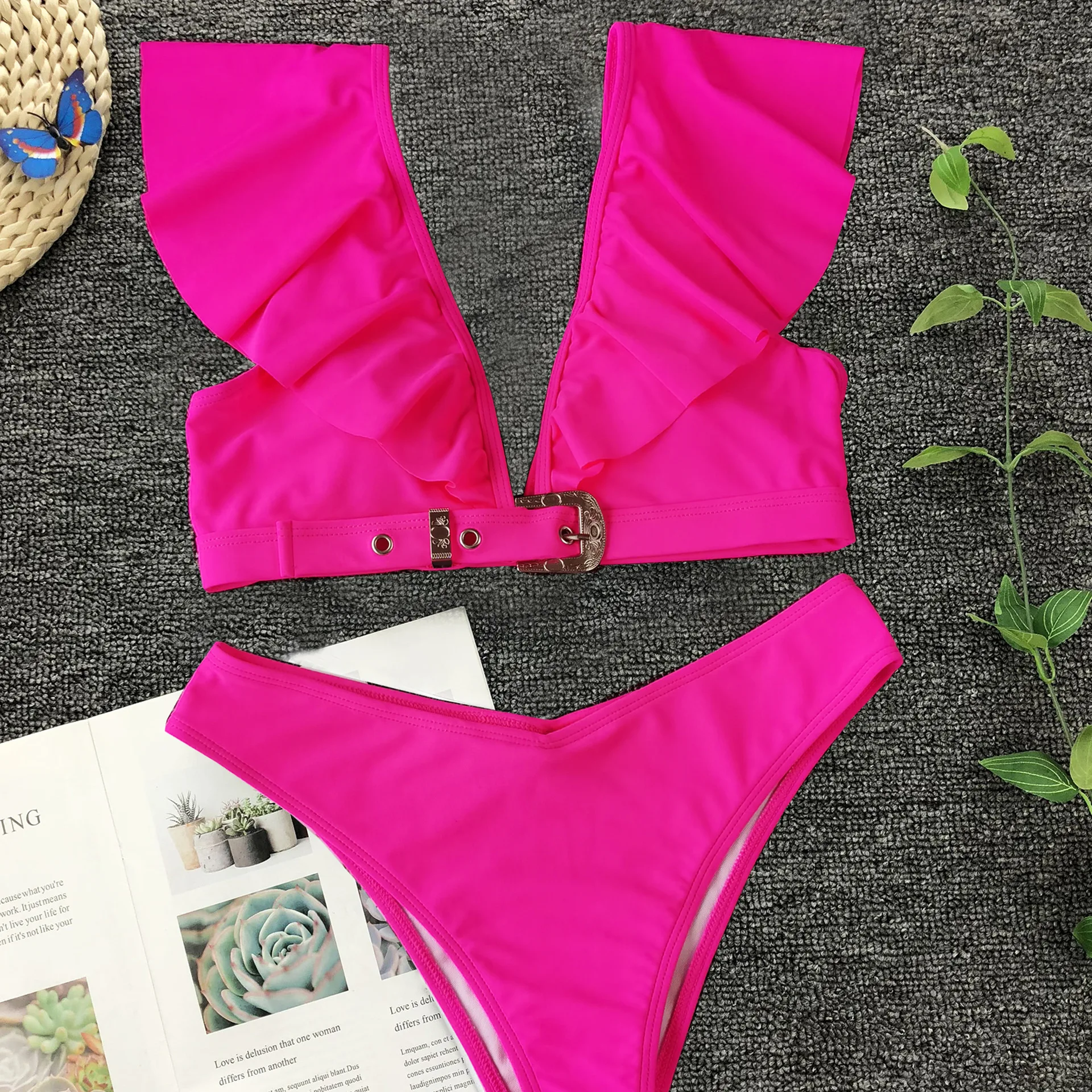 High Quality Solid Swimwear Two Piece Swimsuit Ruffle Women Bikini Girl