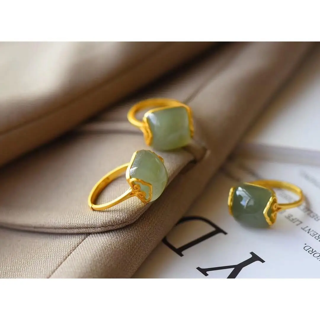 

Imiation-Hetian Jade Sapphire Square Ring Gold-Plated Inlaid Women'S Ring Hetian Jade Temperament Ring