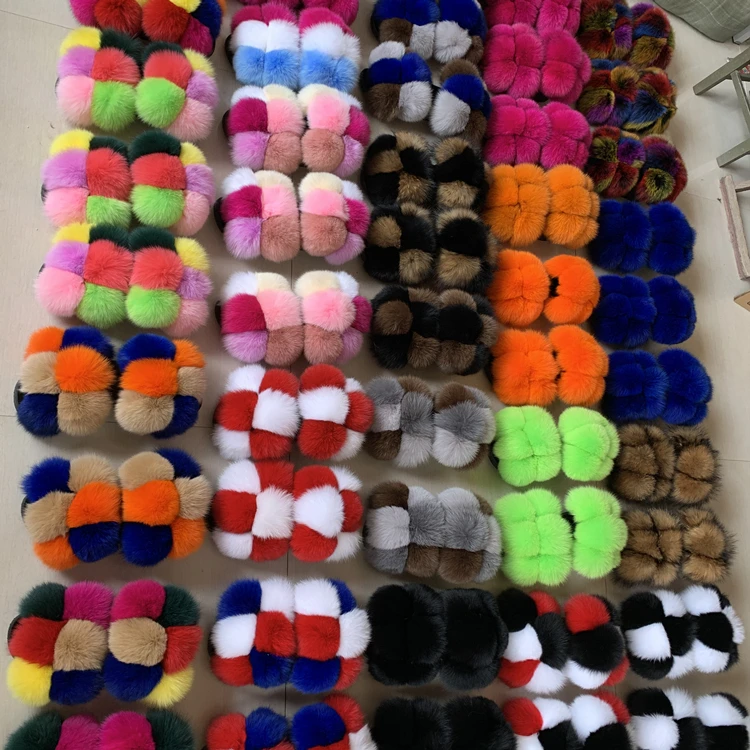 

Big fur ball slides fox fur slides woman real real fox fur slides for women, Customized colors
