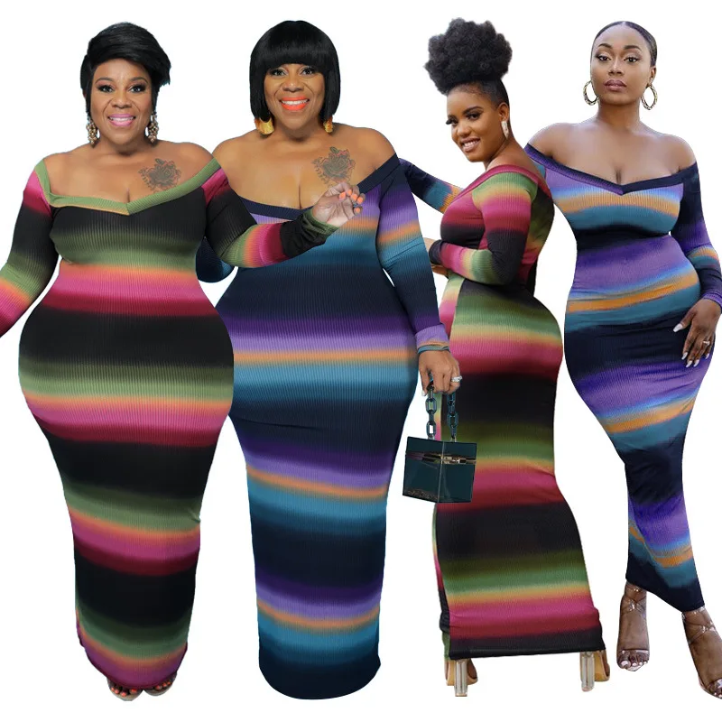 

New Spring Plus Size Women Clothing Stripe Dresses for Women Fashion Ribbed Knit Printing Bodycon Dress Maxi Dress Designer, Blue, rose madder