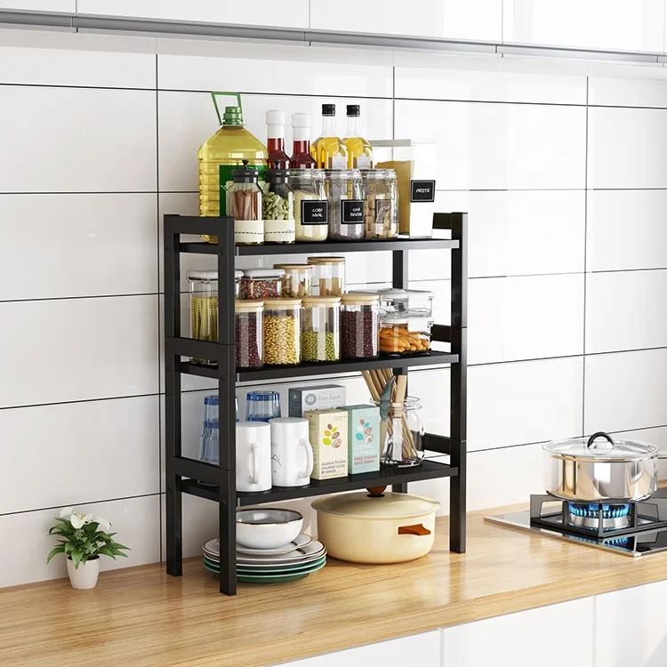 

New thickened black metal multi-layer kitchen desktop cabinet expand spice rack