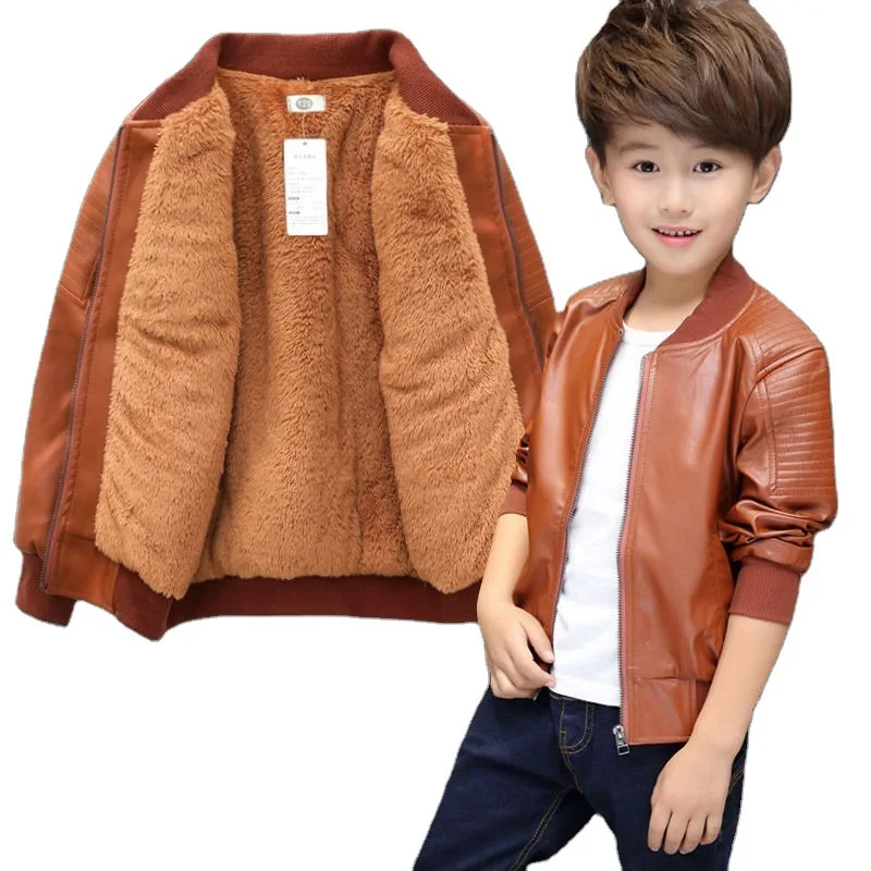 

Winter Fleece Jacket Organic Cotton Spandex Pattern Children Brown Boys Zipper Straight jacket for boy