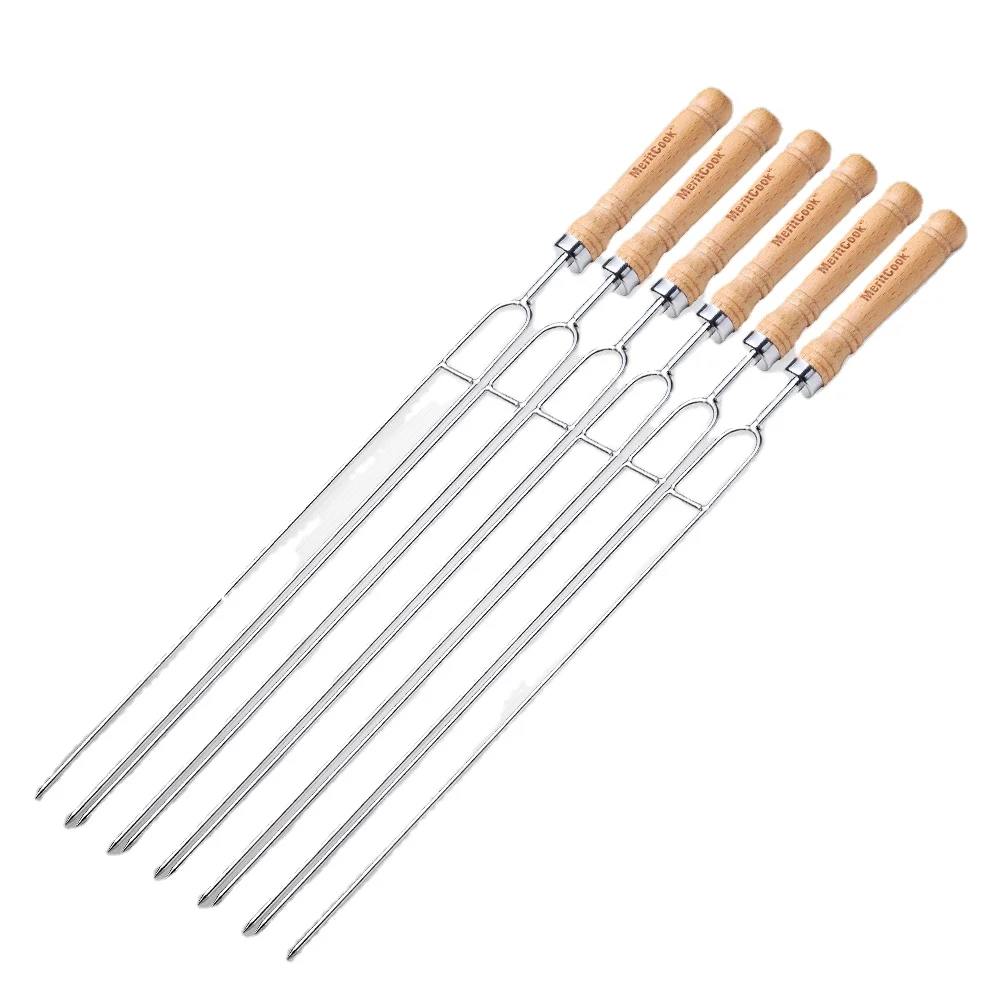 

6 Pieces 16 Inches 41cm 304 Stainless Steel U Shape Double Prongs BBQ Skewer Grilling Needle with Wooden Handle