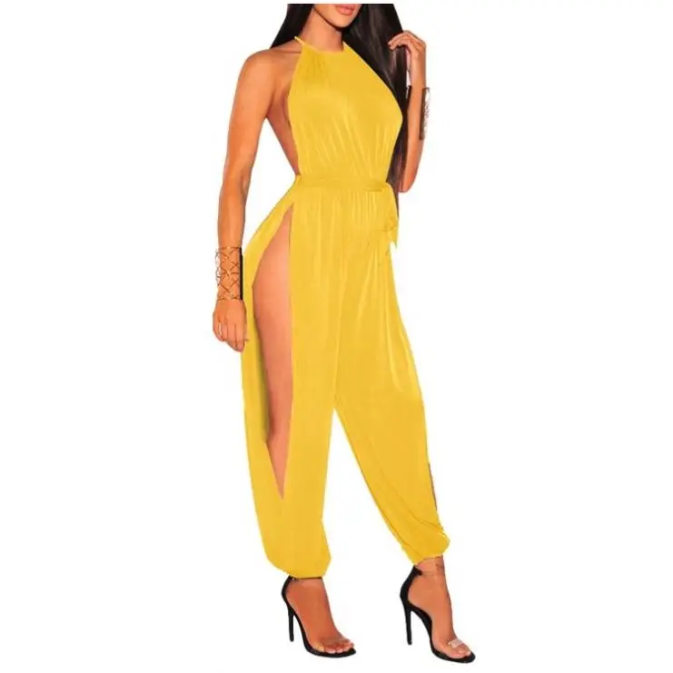 

2019 Dropship Clothes Open Back Sexy Slit Halter Jumpsuit Bodysuit Jumpsuit