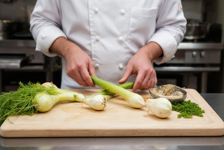 Chef preparing fennel bulb and anise seeds in a professional kitchen setting
