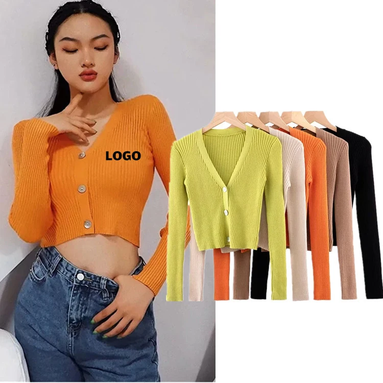 

Free Shipping Custom Logo Printed Cute Ribbed Autumn Long Sleeve Shirts Sexy Solid Color Knit Tube Women Crop Top, Customized color