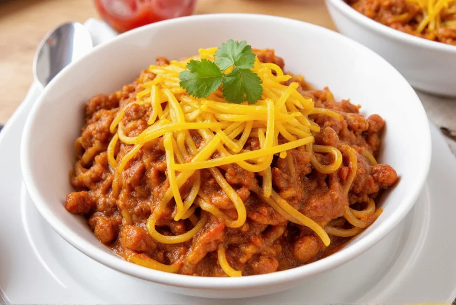 Finished spaghetti chili dish served in white bowl with melted cheddar cheese topping and fresh cilantro garnish