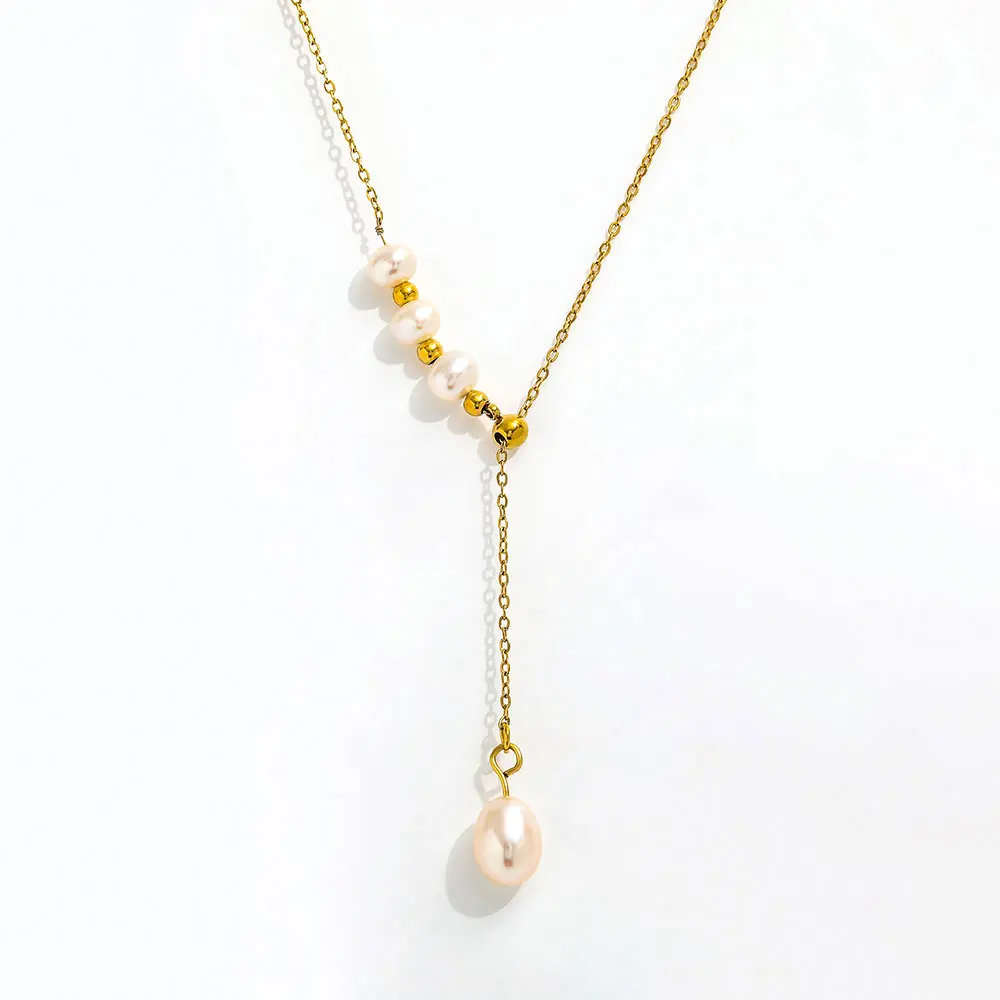Joolim Snake Chain Pull-out Type Adjustable Freshwater Pearl Pendant Necklace Stainless Steel Jewelry Wholesale Drop Shipping