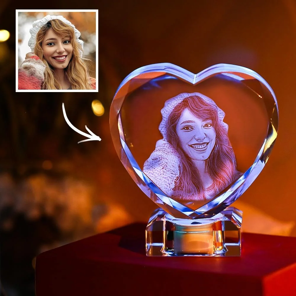 

Personalized Heart Shaped 3D Laser Cube Crystal Photo Frame With Light Up Led Base