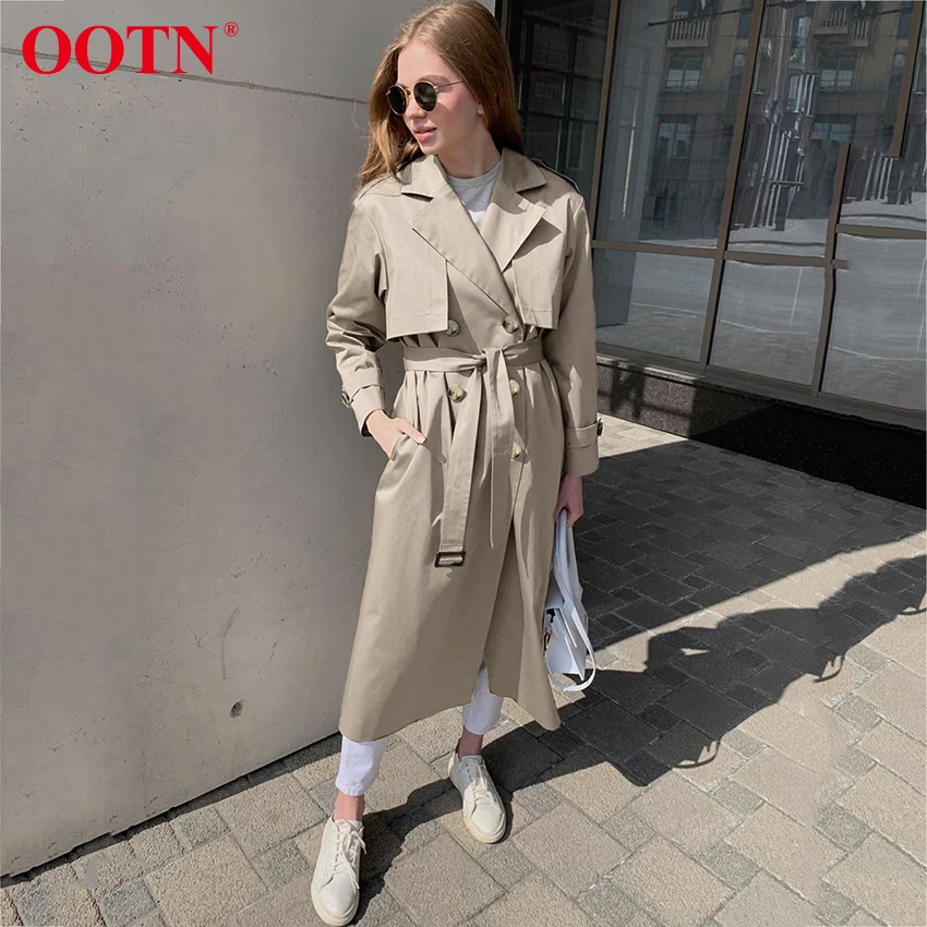 

OOTN Sashes Double Breasted Long Sleeve Outerwear Elegant Office Ladies Long Coat Windbreaker Autumn Winter Womens Trench Coat