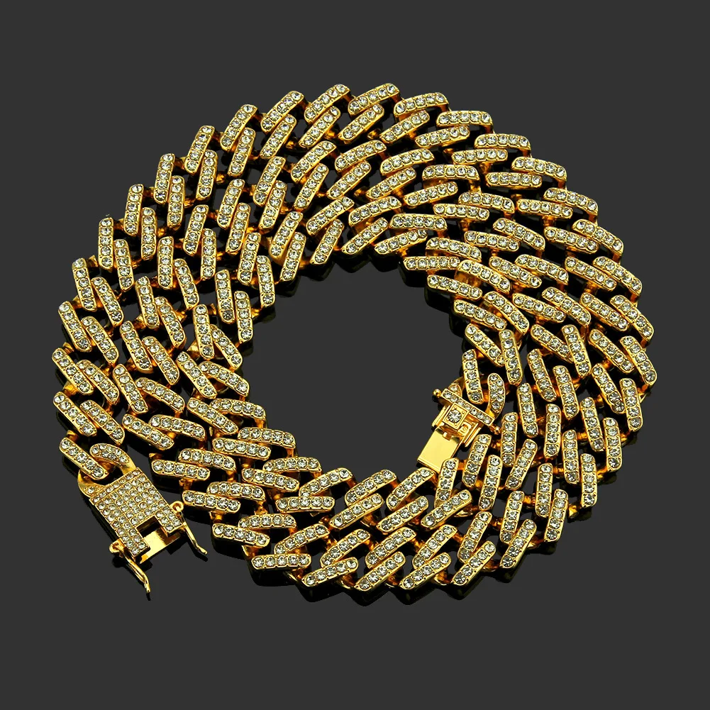 

14mm High Quality Men's Hips Hops Gold Plating CZ Cuban Chain Necklace Full Rhinestone Crystal Cuban Link Chain Bracelet