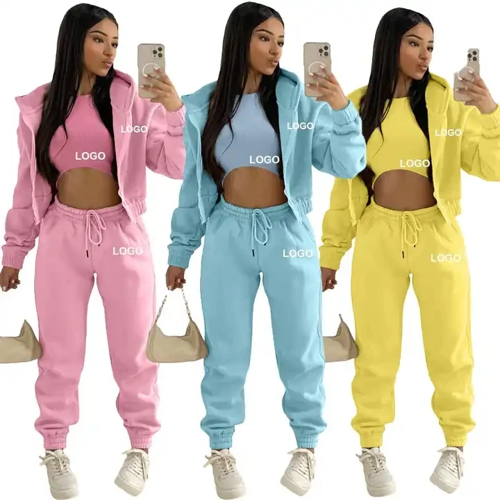 Custom Logo Fall Women's Clothing Thick 2 Piece Set Tracksuit Sweat Suits Jogger Set 3 Pieces Outfits Sweatpants and Hoodie Set