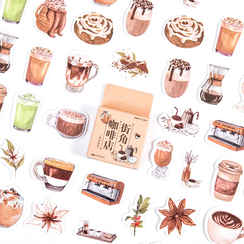 

46 Pieces Box-Packed Stickers Corner Coffee Shop Series Ins Style Notebook Diary Decoration Sealing Stickers