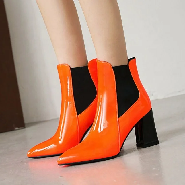 

Solid Mirror Patent Leather Pointed Toe Women Booties Slip-on High Chunky Heel Ladies Ankle Boots Daily Fancy Pumps Shoes, Black, yellow,orange