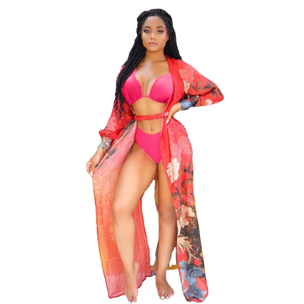 

Swimsuit print long sleeve long style outer garment solid sexy bikini suit three piece set