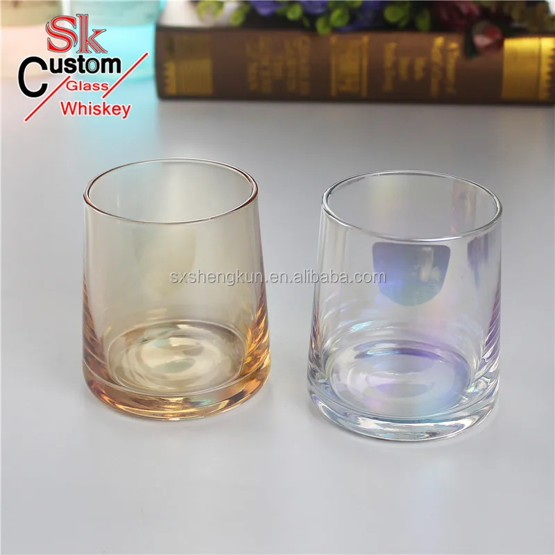 
Hand crafted transparent lead free crystal electroplated rainbow color whiskey glass 