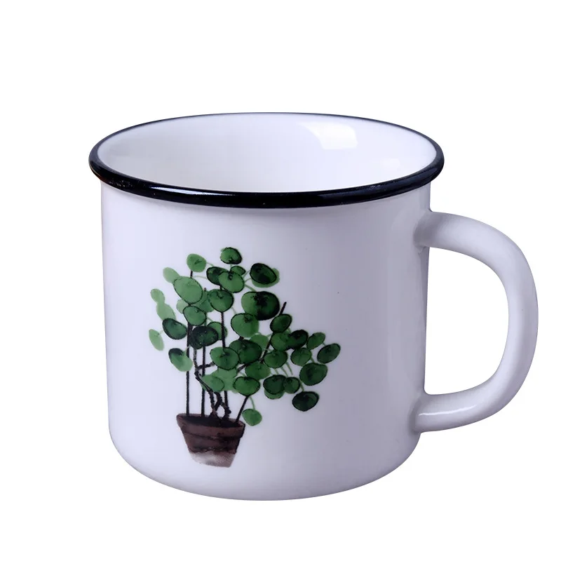 

Custom Ceramic Coffee Tea Cups Green Plant Design Enamel Cup, Customized color