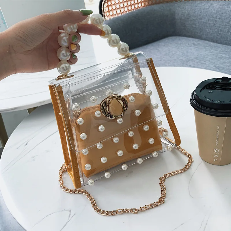 Women Fashion Pearl Crossbody Bag Clear Pvc Messenger Bag Chain ...