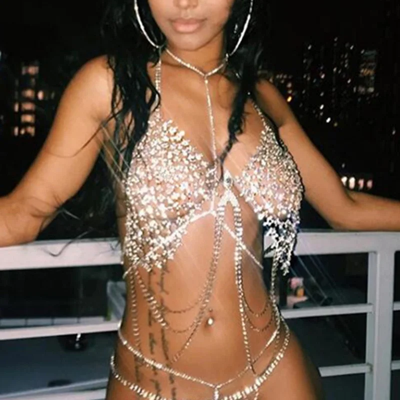 

Club sexy metal flash bra chain summer beach resort look