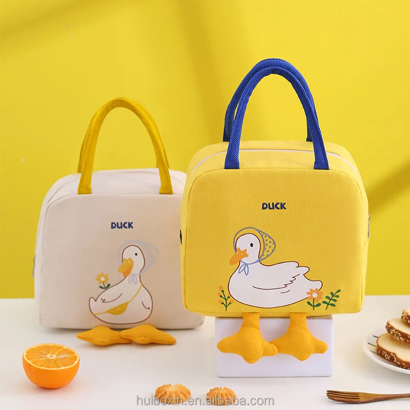 

2022 foldable eco friendly new school children's neoprene cooler insulated duck cartoon food lunch box tote bag for kids women
