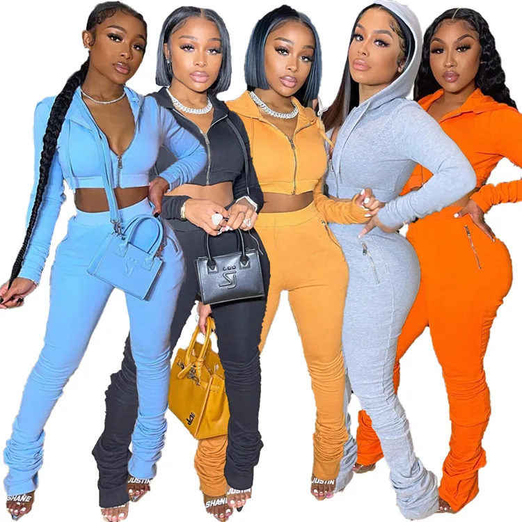 

Fitness Sporty Women Stacked Tracksuit Long Sleeve Hooded Crop Top Jogger Sweat pant Streetwear Outfit 2 Piece Set, As picture