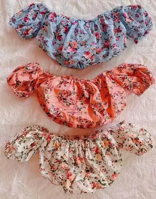 

F424019 2021 New Style Girls Ruffles Shirt Summer Print Flowers Puff Sleeve Cotton Fashion Girls Blouse, Customized color