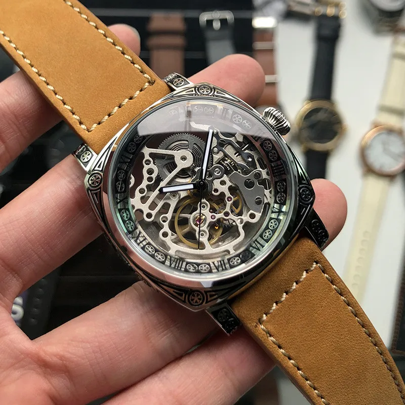 

2020 Fashion Punk Full Skeleton Men Automatic Mechanical Watch Original ST1646 Movement Mens Wristwatch Luminous Hands