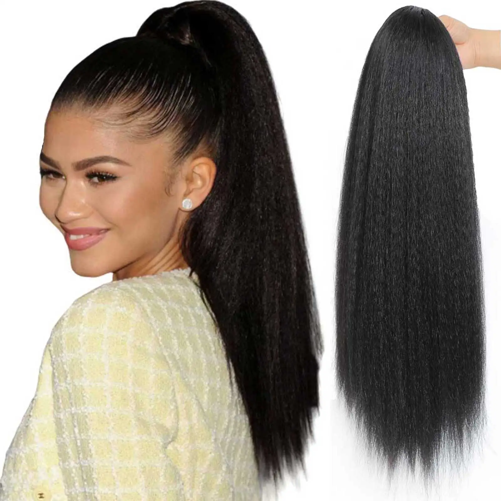 

G&T Ponytail Extension, Drawstring Ponytail for Black Women, Long Kinky Straight Yaki Pony Tails 24 Inches