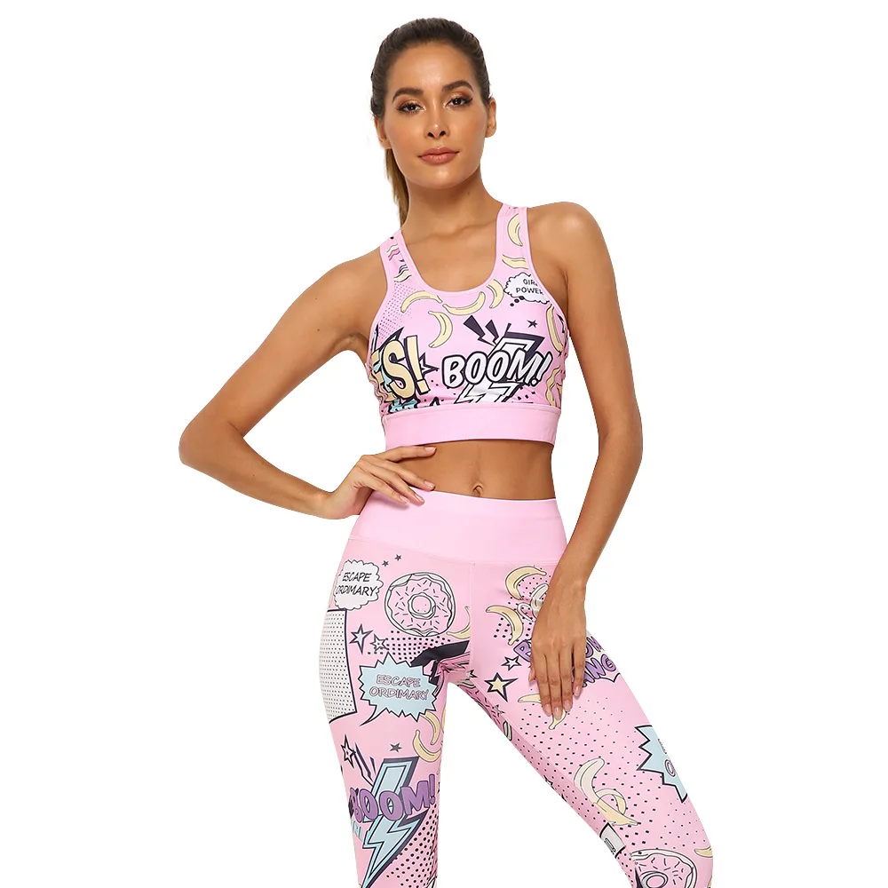 

Hot sale cartoon pattern yoga pants suit European and American new exercise workout clothes printed leggings yoga sets