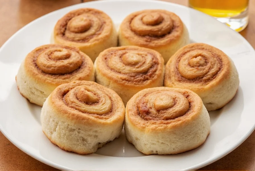 Perfectly golden overnight cinnamon buns with cream cheese frosting dripping down the sides on a white ceramic plate