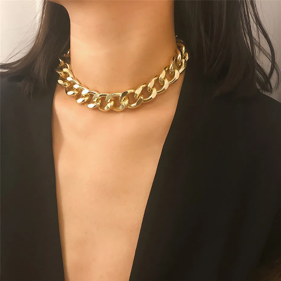 

Hot Sale Fashion Big Chunky Cuban Chain Necklaces 18K Gold Plated Necklace Choker for Women Jewelry Wholesale