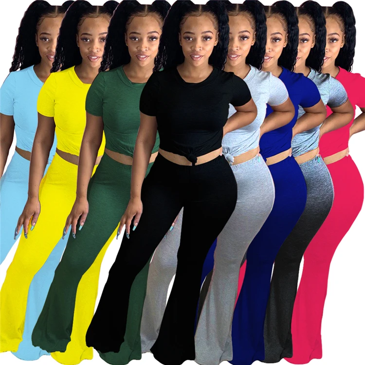 

High Quality Lovely Ladies Two Pcs Outfits Tops Flare Pants Stretchy Plus Size Home Clothing Women 2 Piece Set, Picture
