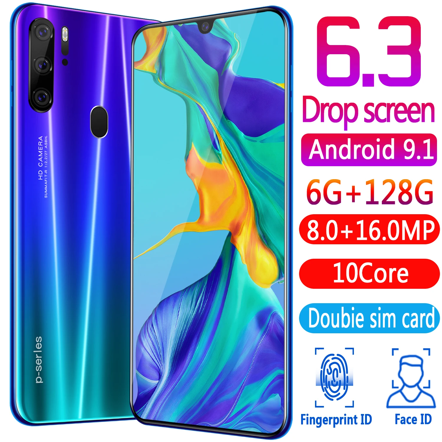 

2020 Hot Selling P35 Pro 6.3 inch 8MP+16MP 6GB+128GB GPS Full Screen Face Recognition Smart Cell Phones Android Smartphone