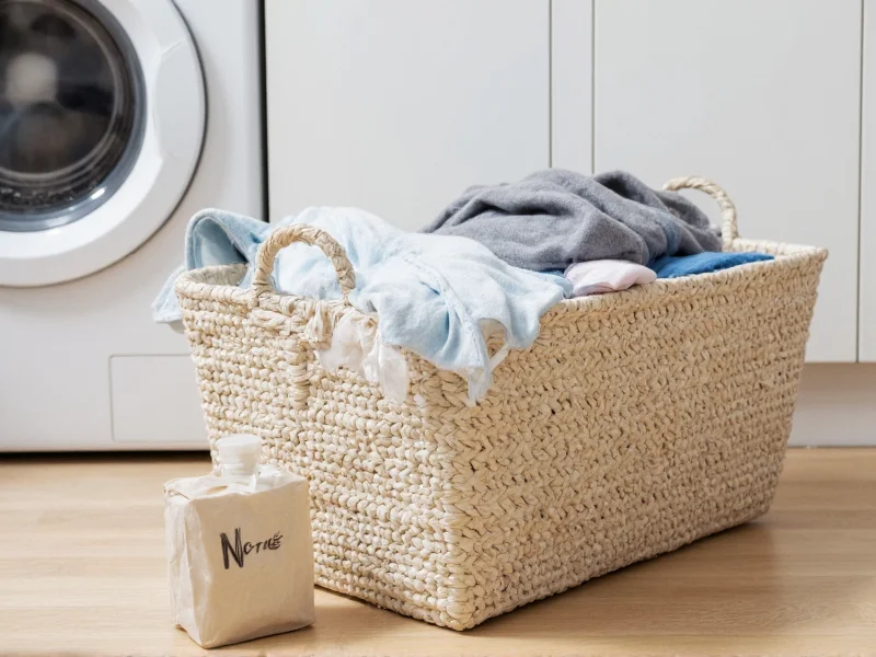 Laundry basket with clean clothes and homemade soap bottle beside washing machine