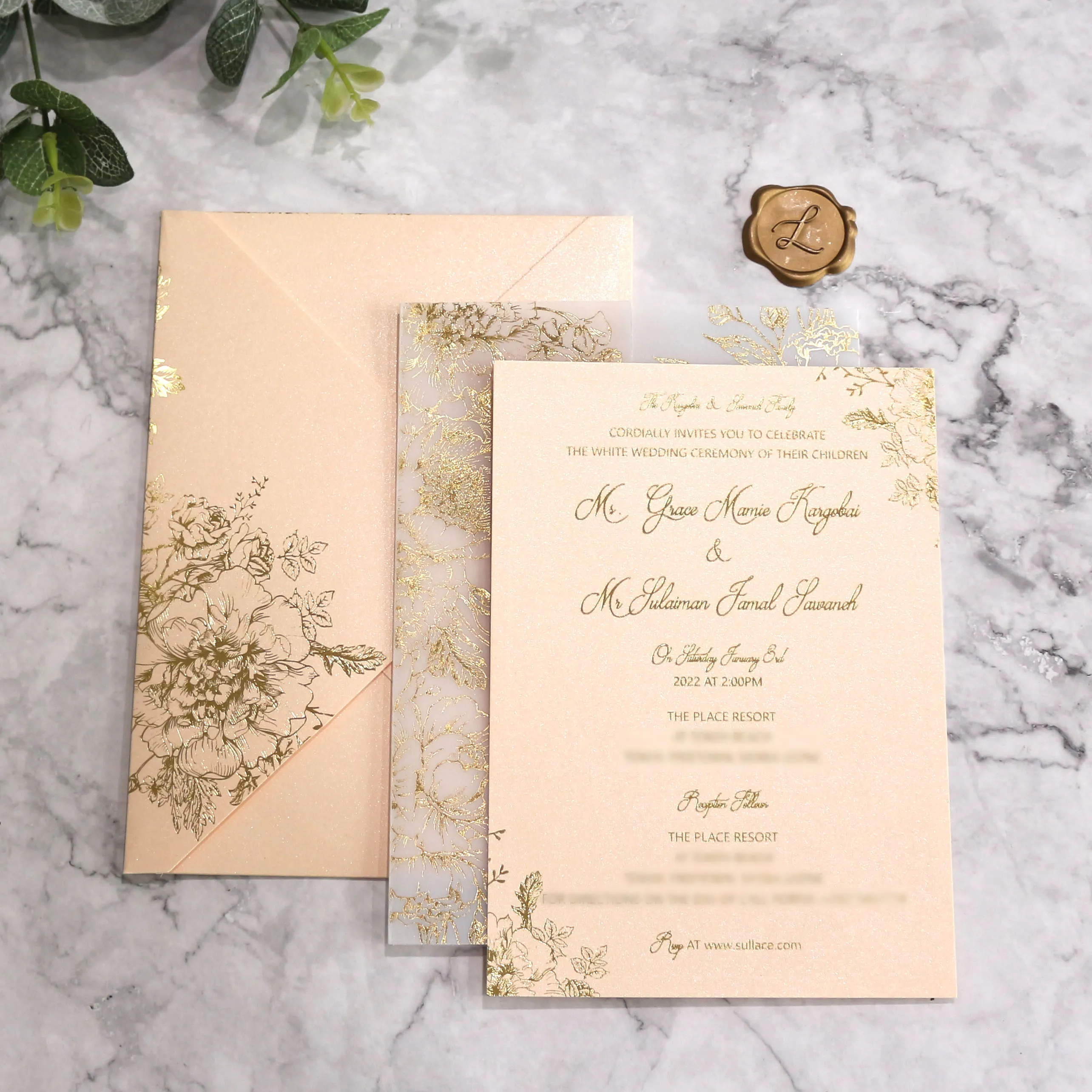 

Customized Butter Paper Foil Wedding Invitations with Wax Seal and Envelopes Fancy Floral Thank You Card