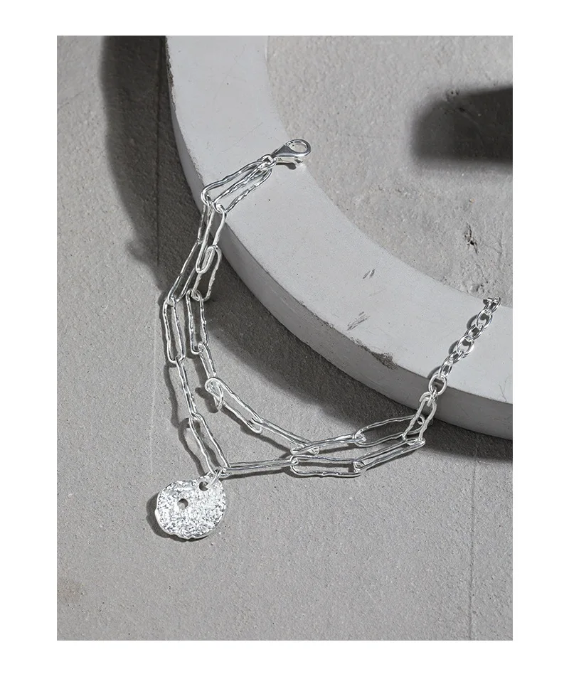 

VIANRLA 925 sterling silver double link chain bracelet stackable hammered bracelet with charm