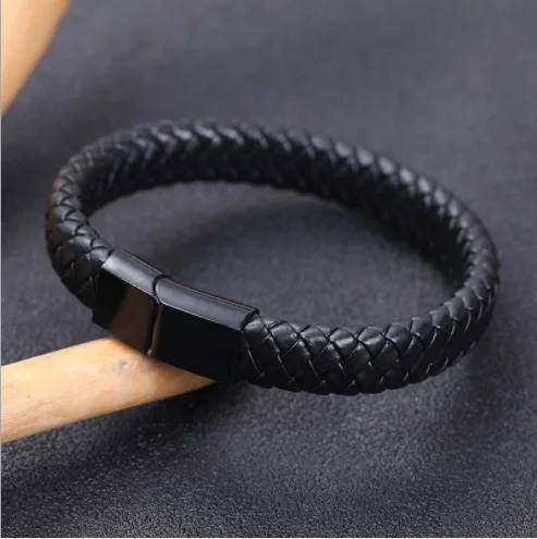 

European Fashion Clasp Braided Magnetic Clasp Stainless steel Jewelry Leather Men charm bracelet, Black