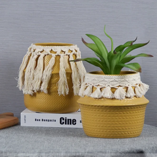 

Nordic ins wind ceramic flowerpot woven flower basket green plant flower pot creative hand - made flower arrangement