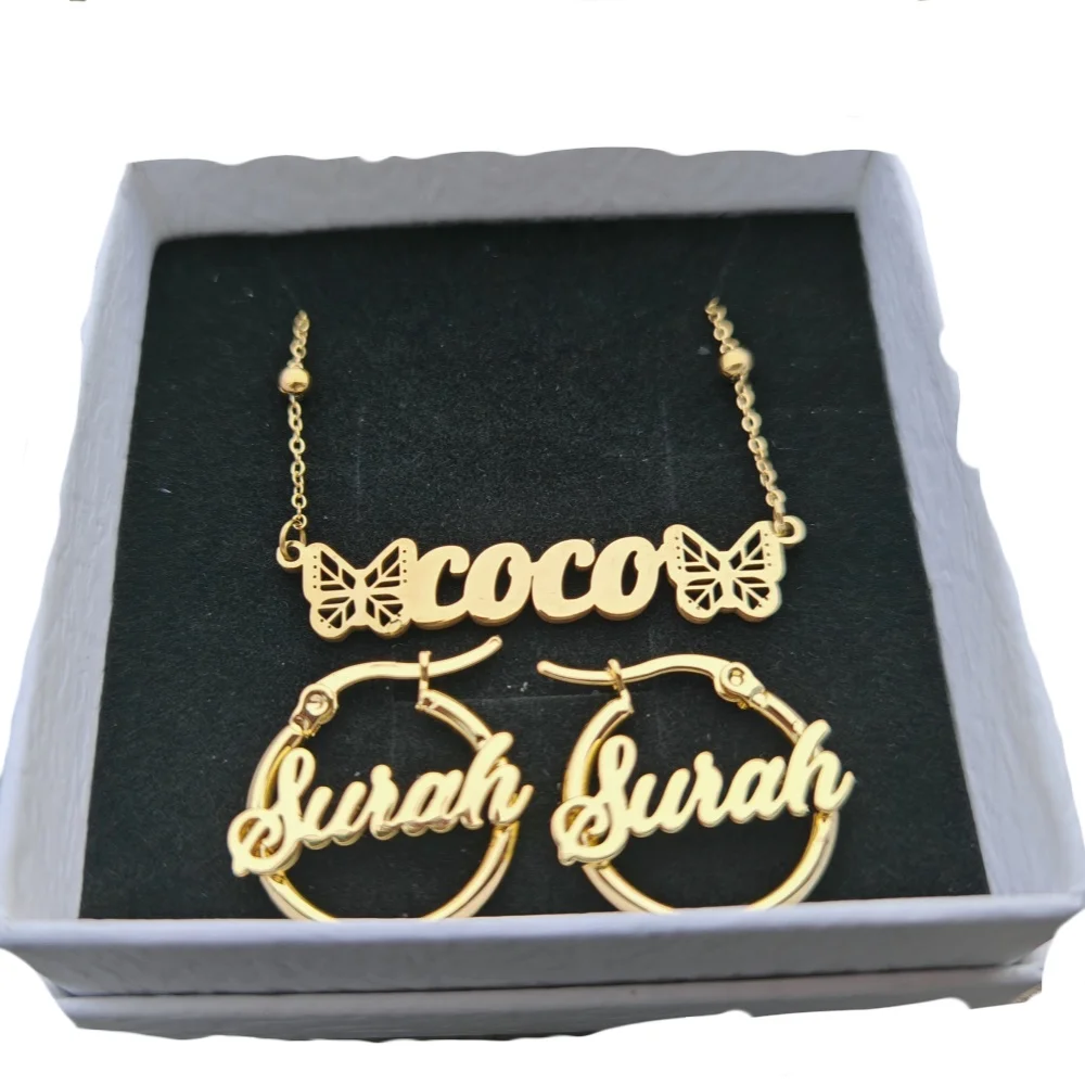 Qiuhan Personalized Stainless Steel Bead Chains Custom Name Necklace Hollow Butterfly 20mm Round Hoop Earrings Jewelry Set