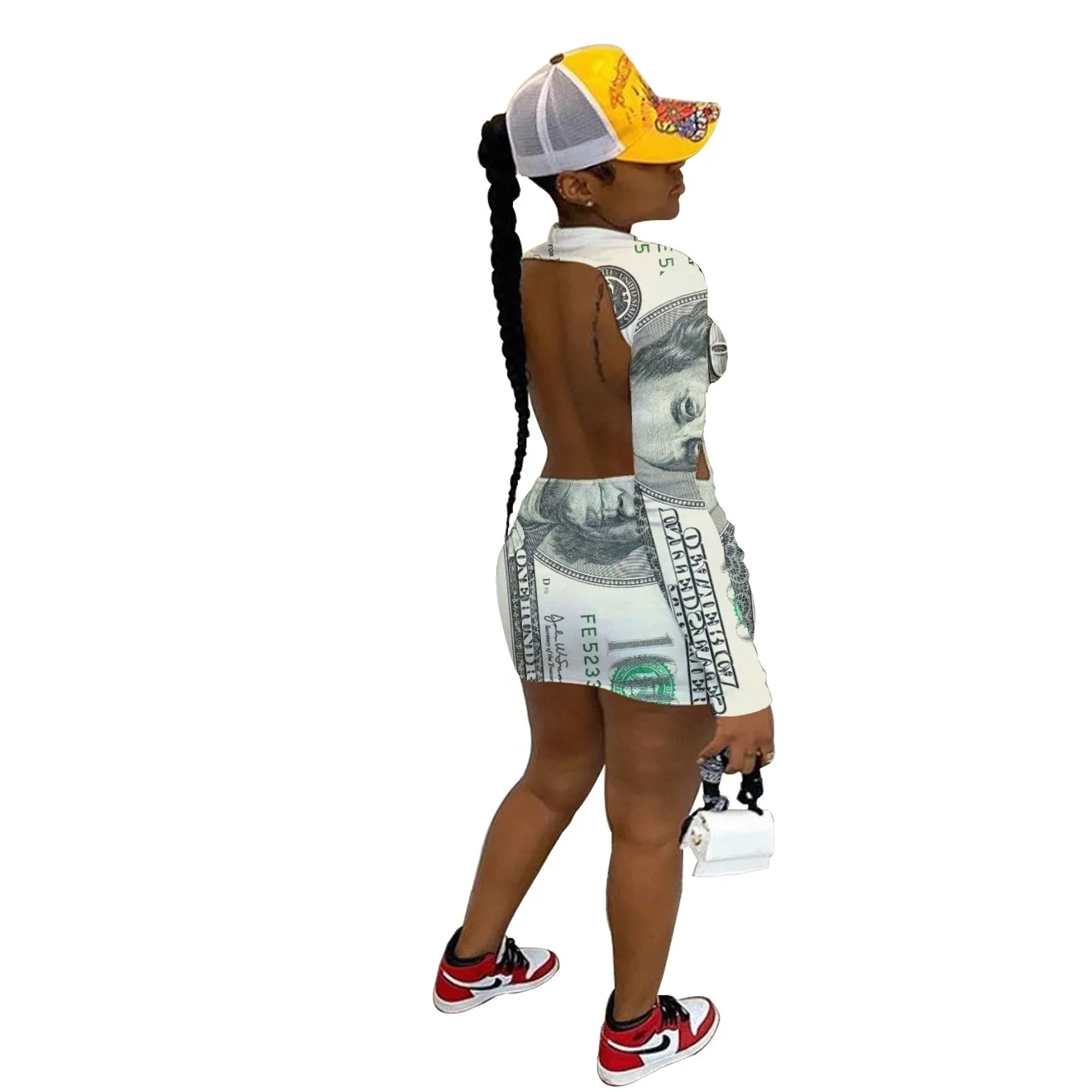 

Print Women Long Sleeve Cut Out Backless Sexy Short Vestidos Dress