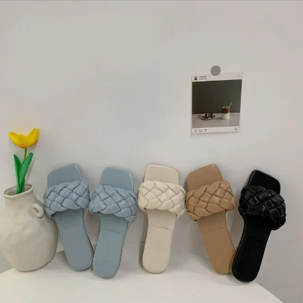 

New summer minimalist woven sandals for women's outer wear on the beach flat sandals, Blue,white,brown,black