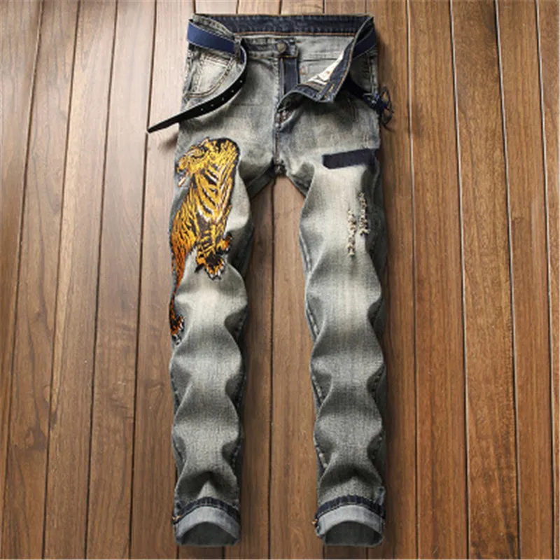 

Men's new Retro style Tiger Pattern embroidery casual trousers hip-hop streamers Slim trousers, Customized color