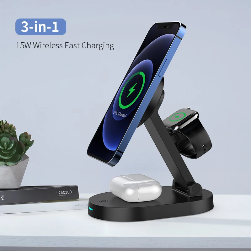 

Newest design 2022 15W Magnetic Wireless Faster charger Station Portable Wireless Charger, Black white customized