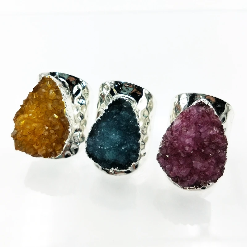 

Wholesale silver Plated Natural Agate Druzy Ring multi color Silver Ring Freeform Brilliant Drusy Gemstone Geode Jewelry Ring