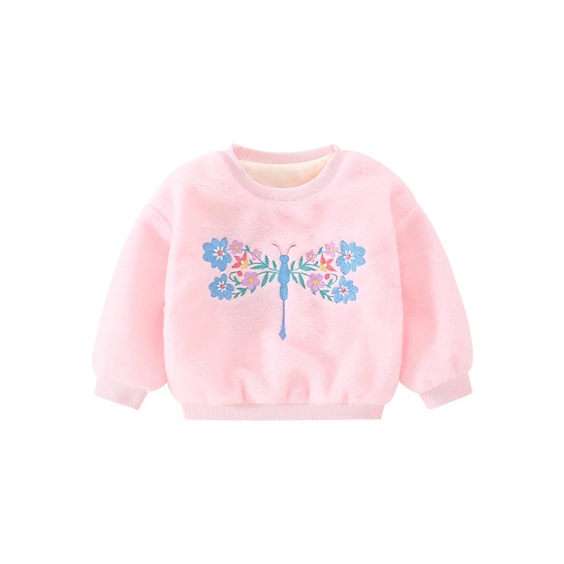 

Girls fleece hoodie western/ EU style autumn and winter fashion bottom pullover for girls baby jacket for children dragonfly EMB, Pink , white, green/ customized